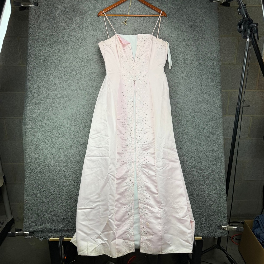 Rebecca Pink Satin Beaded Sequin Prom Formal Maxi Dress Womens Medium 1470